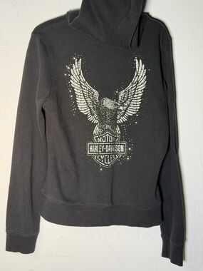 Harley-Davidson Black Hoodie with White Eagle Graphic and black jewels